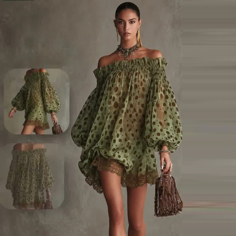 Forever 21 Elegant Loose Green Off-Shoulder Lace Trim Dress